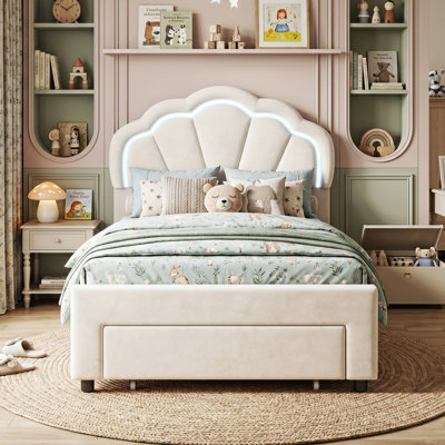 Smart LED White Velvet Upholstered Bed Frame With Storage Drawers, Scalloped Petal Headboard & App Control, European Single (90X200cm) & Double (140X200cm)