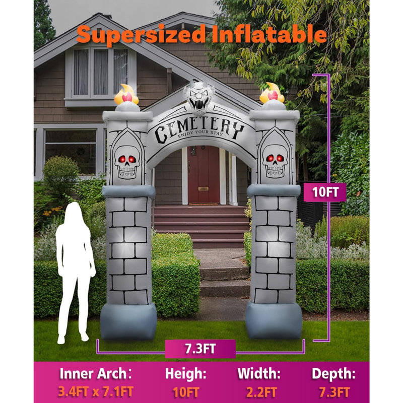 10FT Halloween Inflatable Haunted Cemetery Archway, Blow Up Graveyard Arch with Tombstones, Built-in 9 White LEDs & 4 Red LEDs, Outdoor Halloween Yard & Garden Decoration