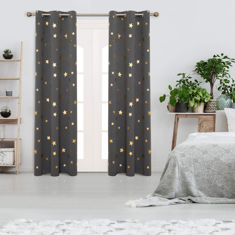 Gold Star Foil Print Room Darkening Thermal Insulated Grommet Curtain Panels (Set Of 2), Dark Gray, 52" W x 45" L