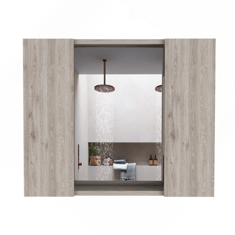Medicine Cabinet, Double Door, Mirror, One External Shelf  -Light Gray, Gray