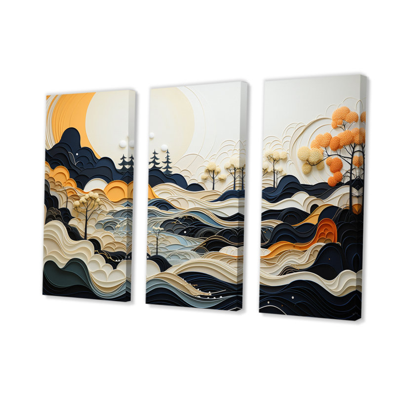 «Gray Orange Line Art Landscape», impression sur toile, 3 pièces, H 32 po x l 48 po x P 1 po