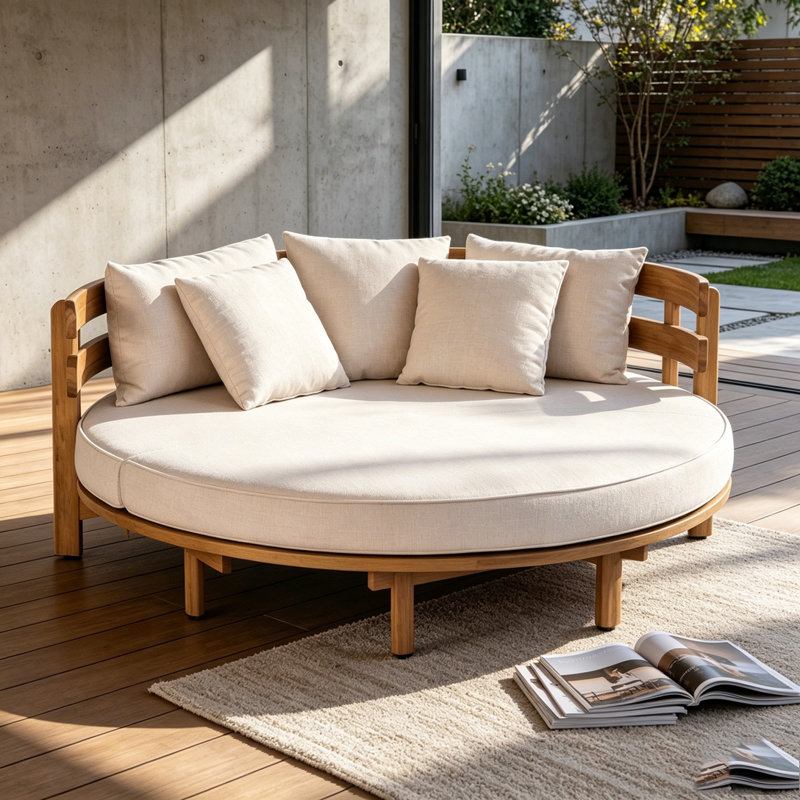Outdoor Acacia Wood Round Daybed, Patio Lounger with Curved Slatted Backrest, Cushion and 4 Pillows