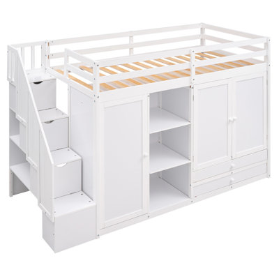 Lit mezzanine fonctionnel avec placards, tablettes et tiroirs, échelle de rangement, peu encombrant, sans sommier, blanc