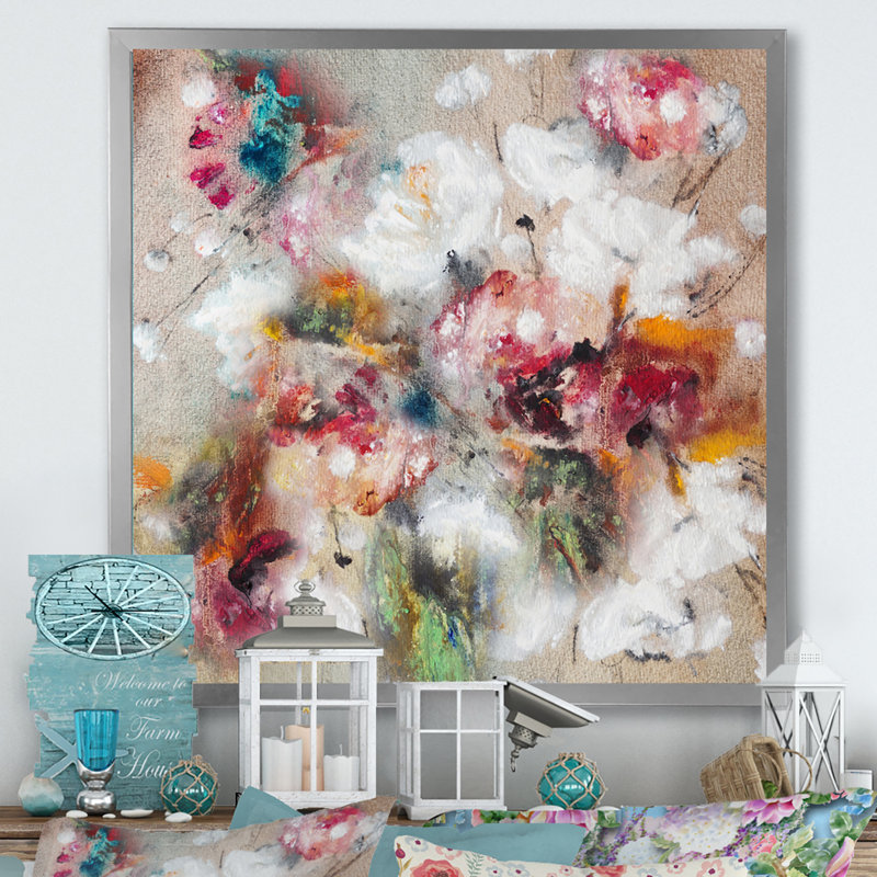 Romantic Bouquet - Painting on Canvas, Silver Picture Framed, 30" H x 30" W x 1" D