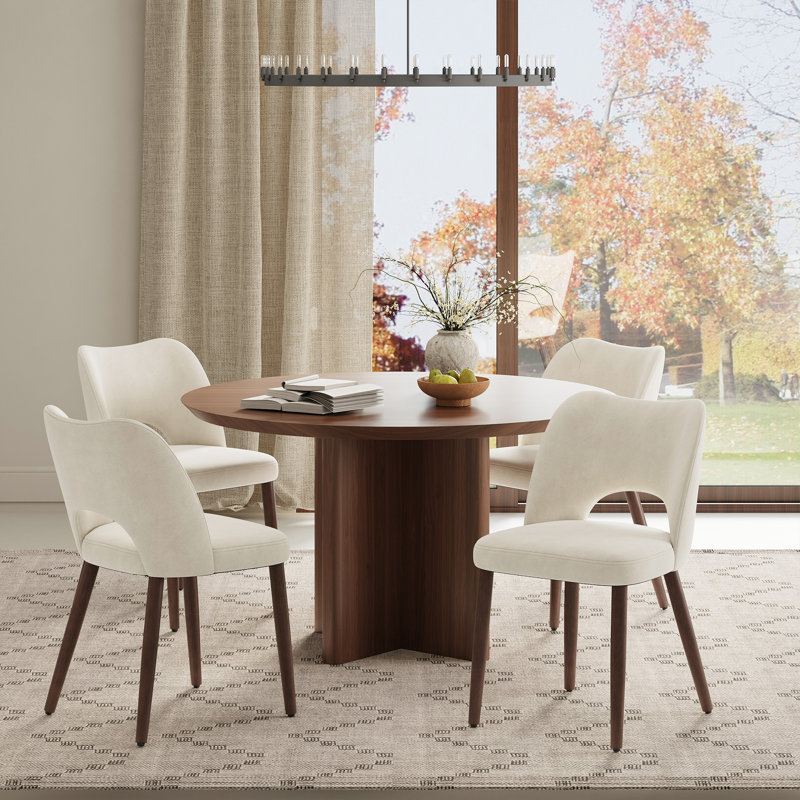  Modern Velvet Upholstered Dining Chair Side Chair with Wooden Legs, Beige