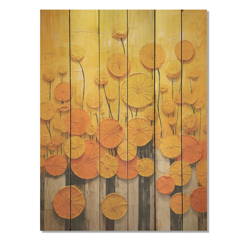 Fleurs jaunes, poterie, jardin I - Boho Pottery Wood, art mural sur bois de pin naturel, H 20 po x l 10 po