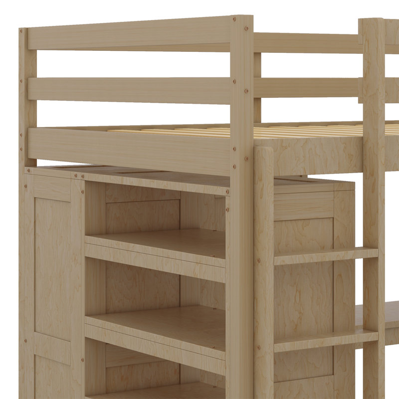 Lit mezzanine avec garde-robe intégré, bureau, tablettes de rangement et tiroirs, Noyer