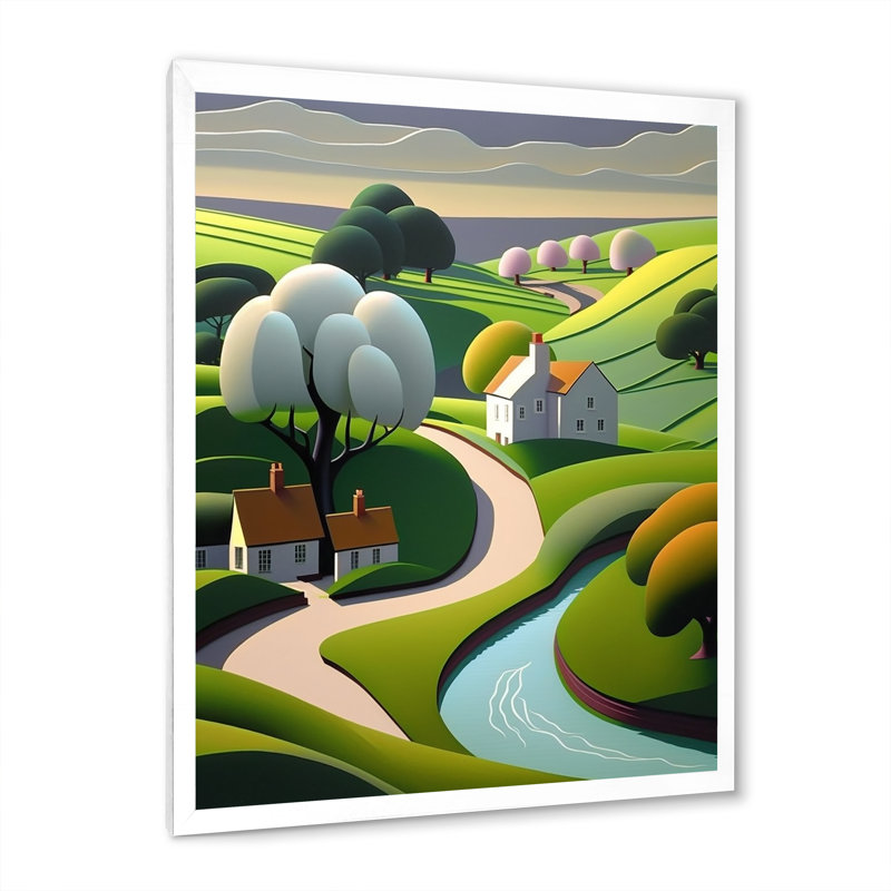 «Little Spring River In Abstract Green Mountains», art mural abstrait sur toile, Cadre photo blanc