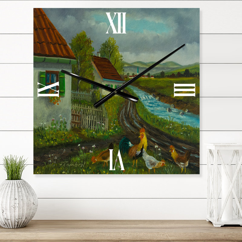 Trois poulets et un coq dans un pré avec des fleurs - Horloge murale de ferme, Petit