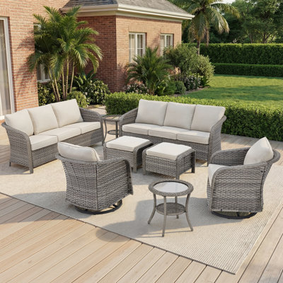 Arcola 8-10 Person Outdoor Wicker Family Patio Conversation Set With Swivel Chairs And Ottomans