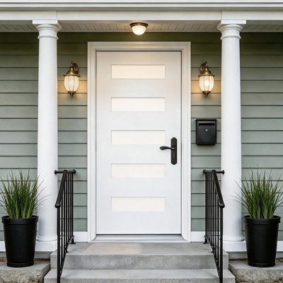 36"x80" Fiberglass Front Door with White 4-9/16" PVC Frame, Exterior Door with Brickmould, Mordern Minimalist Brushed Smooth skin with Frosted Glass for Home Entrance