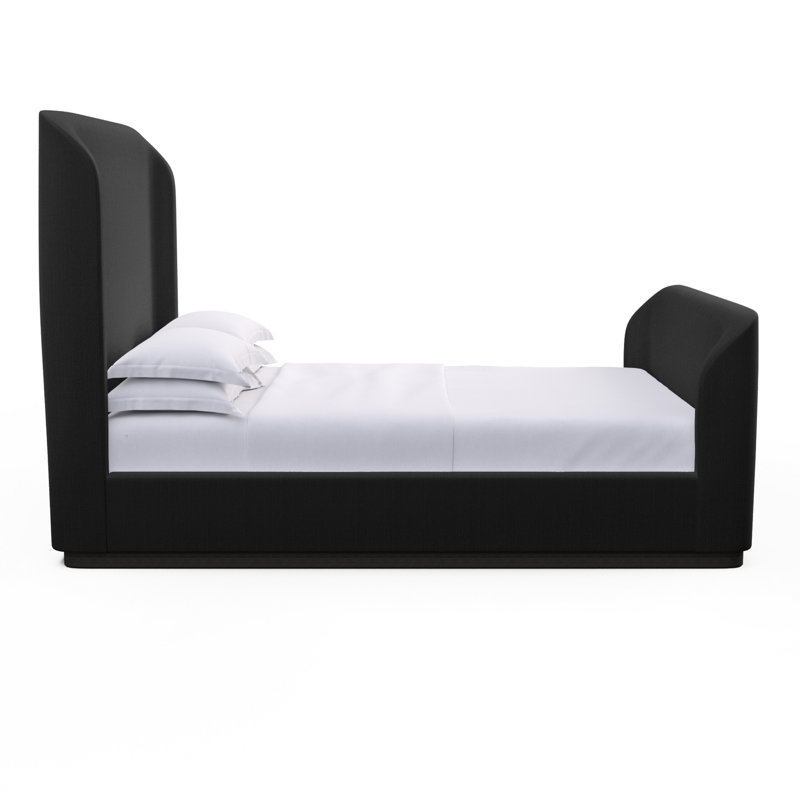 Barrow Upholstered Wingback Bed, Queen, Box Weave Linen Black Jack, Weathered