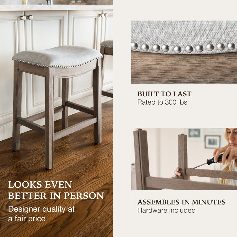 Maven Lane Adrien Backless Saddle Kitchen Stool with Fabric Upholstery, Ash Grey Fabric / Reclaimed Oak