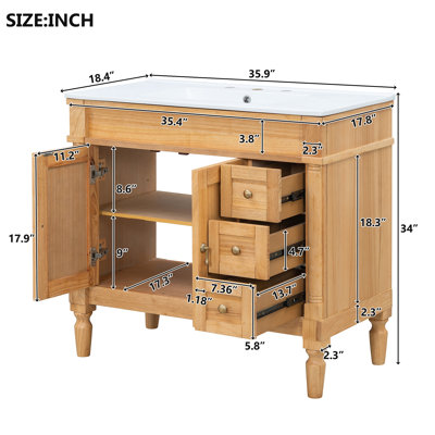 Meuble-lavabo de salle de bain avec lavabo en céramique, portes à fermeture douce, tablettes réglables, armoire de rangement moderne pour petites et moyennes salles de bain