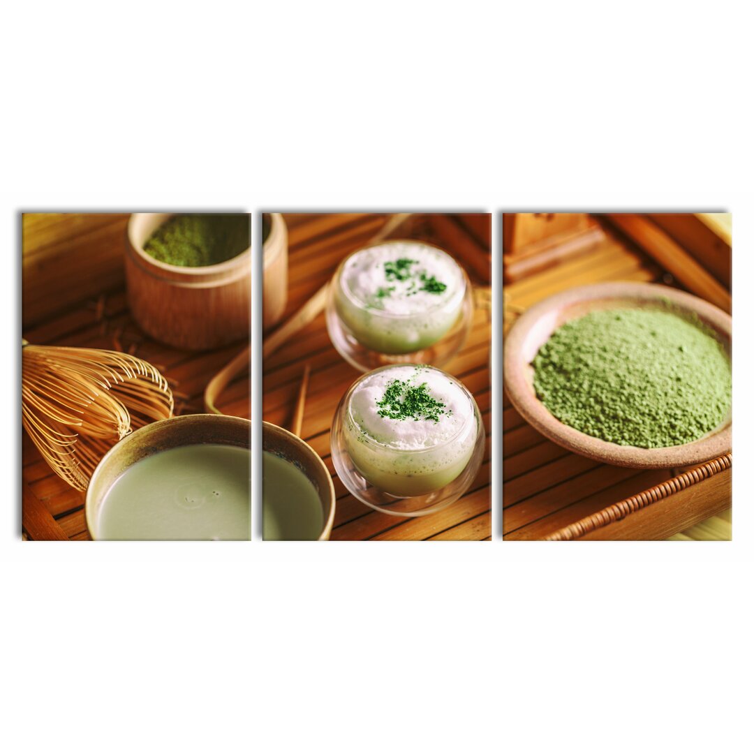 3-tlg. Leinwandbilder-Set Schön dekorierter Matcha Tee