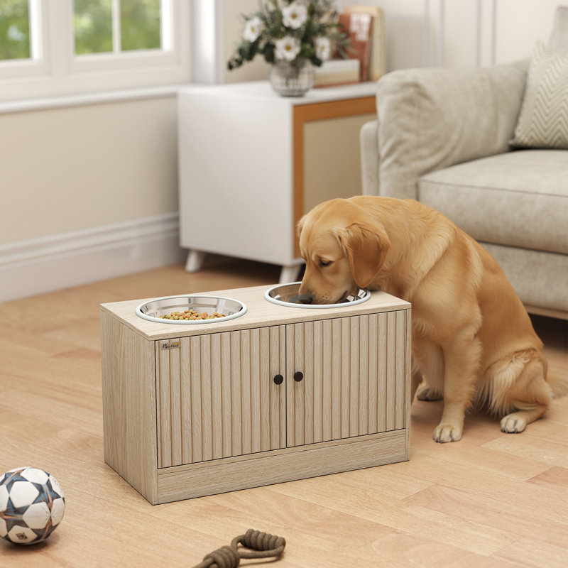 Bols pour chien surélevés avec armoire de rangement, support pour bol surélevé pour chien, station d'alimentation pour animaux avec alimentation lente et antidérapante, pour grands animaux de compagnie, chêne, bois