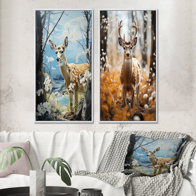 «Deer Graceful Fawn Pastoral», 2 pièces, H 20 po x l 24 po, Cadre blanc