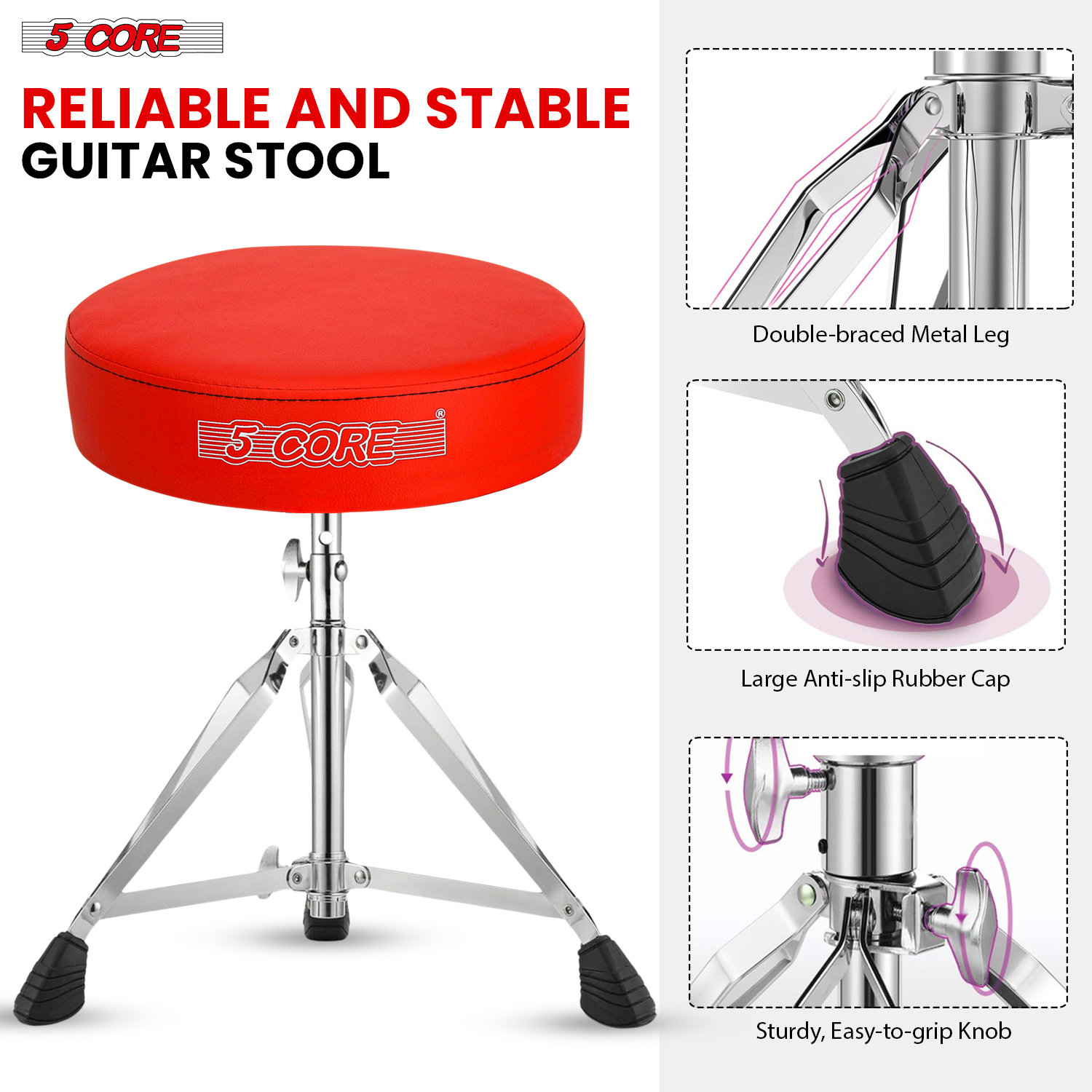 5 Core Drum Throne Height Adjustable Guitar Stool Thick Padded Memory