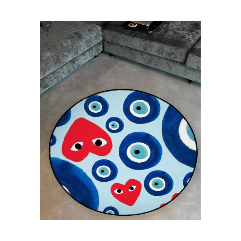 Woven Base Decorative Carpet With Blue Evil Eye Bead And Red Heart Detail, Round 5'