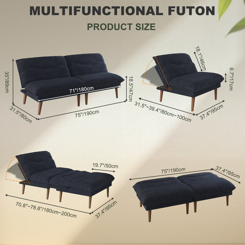 Deyra 75'' Corduroy Sofa Futon Couch with 4 in 1 Multi-Functional Adjustable Backrest Loveseat for Living Room, Black 