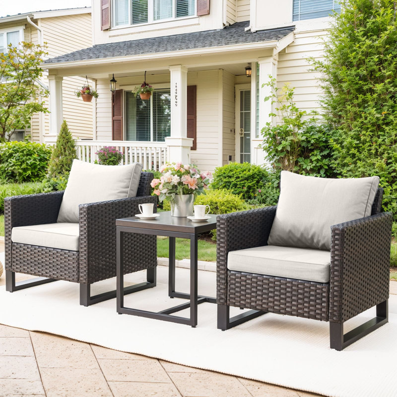 Naresa 3-Piece Wicker Patio Chair Set With Side Table  All-Weather PE Rattan, UV-Resistant Cushions, Beige