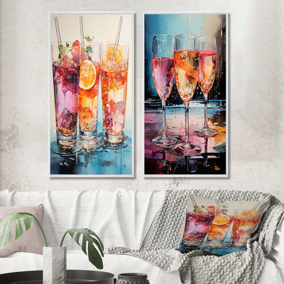 Cocktails Contemporary Flutes - Drinkware Wall Art Prints Set Of 2