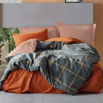 Housse de couette 100% coton Ranforce, gris et orange, housse de couette 78,7 po x 86,6 po | Drap plat 94,5 po x 102,4 po | 2 taies d'oreiller 19,7 po x 27,6 po | Impression réactive, lavable à la machine, fermeture à boutons