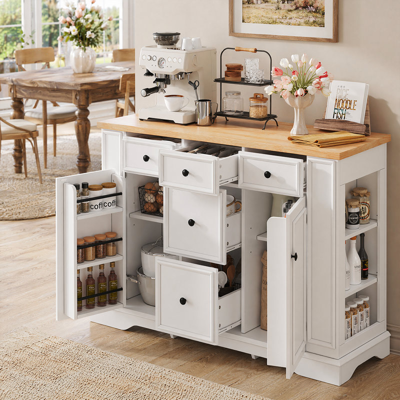 Buffet rustique de salle à manger - Buffet avec rangement spacieux, tablettes réglables et charme campagnard, Blanc