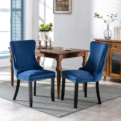De 2 chaises de salle à manger en velours bleu, pieds en bois massif, garniture de surpiqûres, chaise rembourrée haute pour plus de confort, tissu de style américain moderne