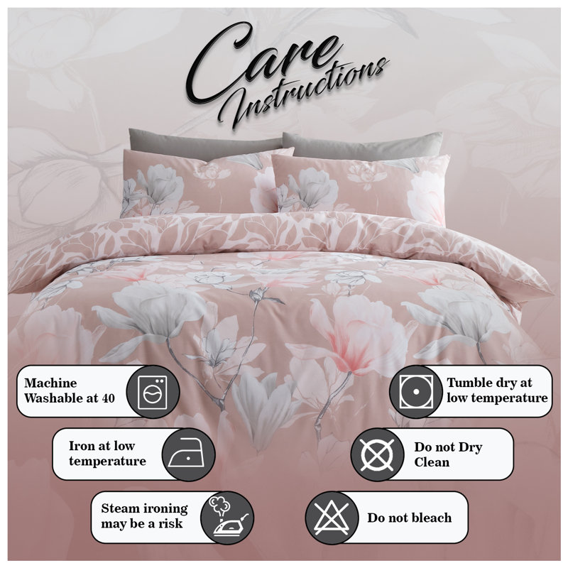 Floral Bedding Set - Polycotton Lightweight Duvet Cover with Matching Pillowcases - Single Double King, Pink, King