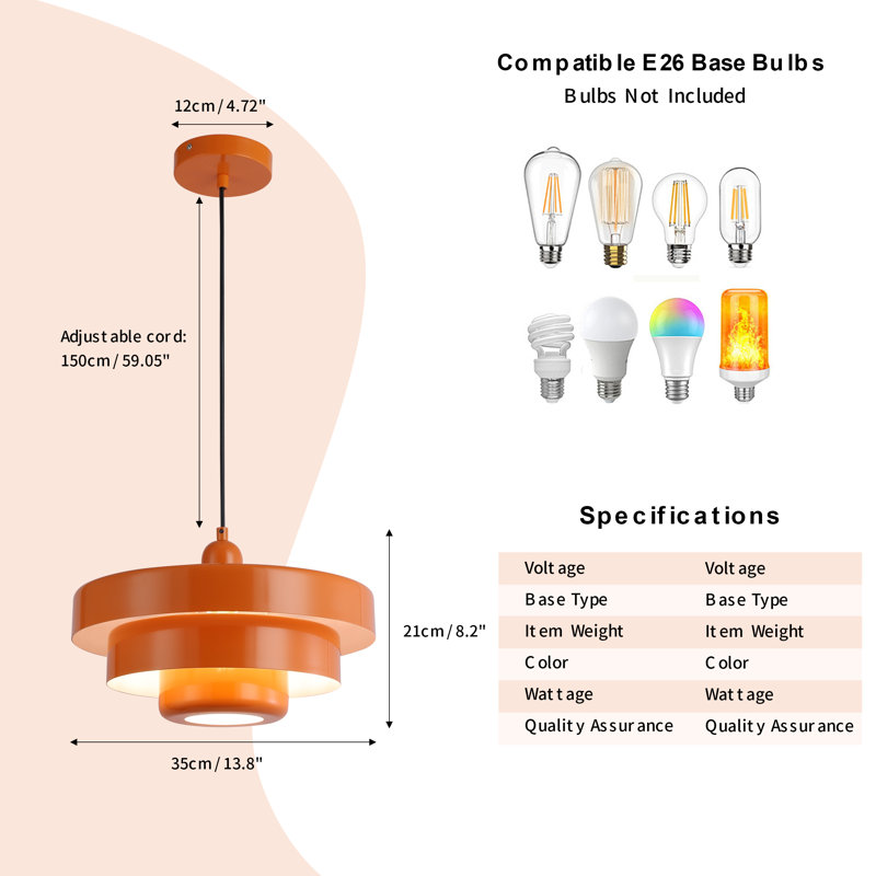 Industrial Adjustable Chandelier 1-light Pendant Light With 3-layer Metal Shade, Vintage Hanging Lamp For Living Room, Orange
