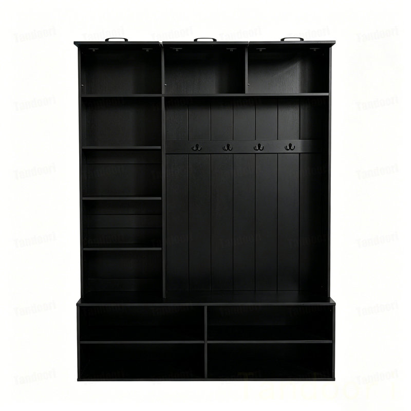 Arbre d'entrée avec banc et rangement pour chaussures, banc d'entrée 5 en 1 avec portemanteau, armoire de rangement moderne avec 4 crochets pour le couloir, l'entrée et le salon