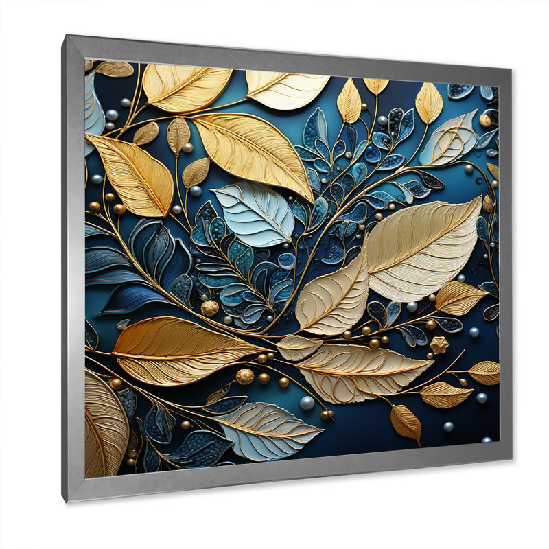 Charme de feuilles d'or en hiver II, Cadre simple argenté, H 36 po x l 36 po x P 1,5 po