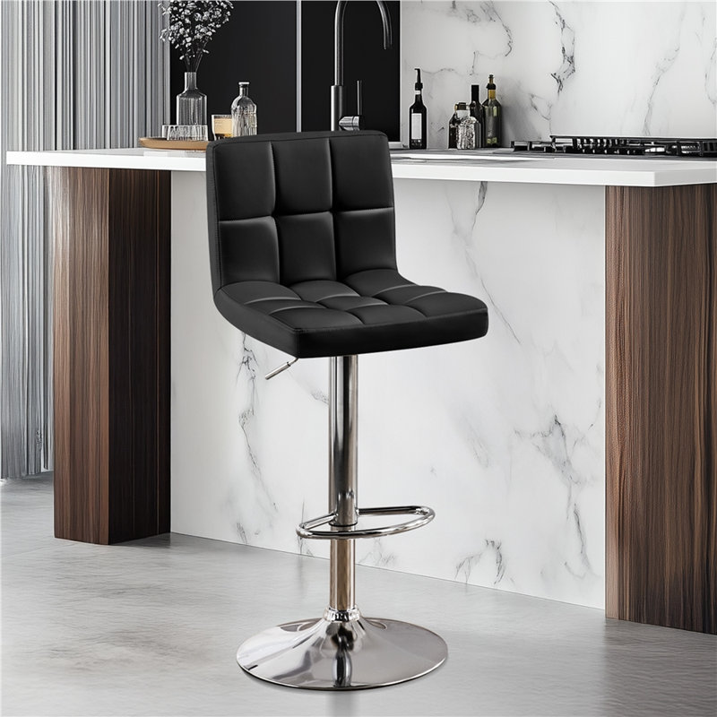 Tabouret de bar réglable en hauteur en similicuir avec dossier et repose-pieds, Noir