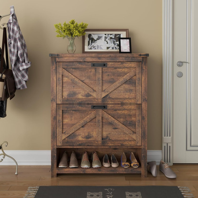 Farmhouse Shoe Cabinet, Free Standing Tipping Bucket Shoe Rack Organizer with 2 Flip Drawers, Rustic Brown