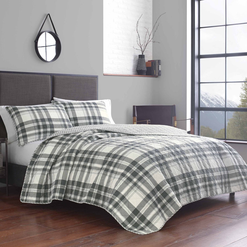 Ensemble de courtepointe en coton Eddie Bauer Coal Creek, Courtepointe grande + 2 taies décoratives, Gris