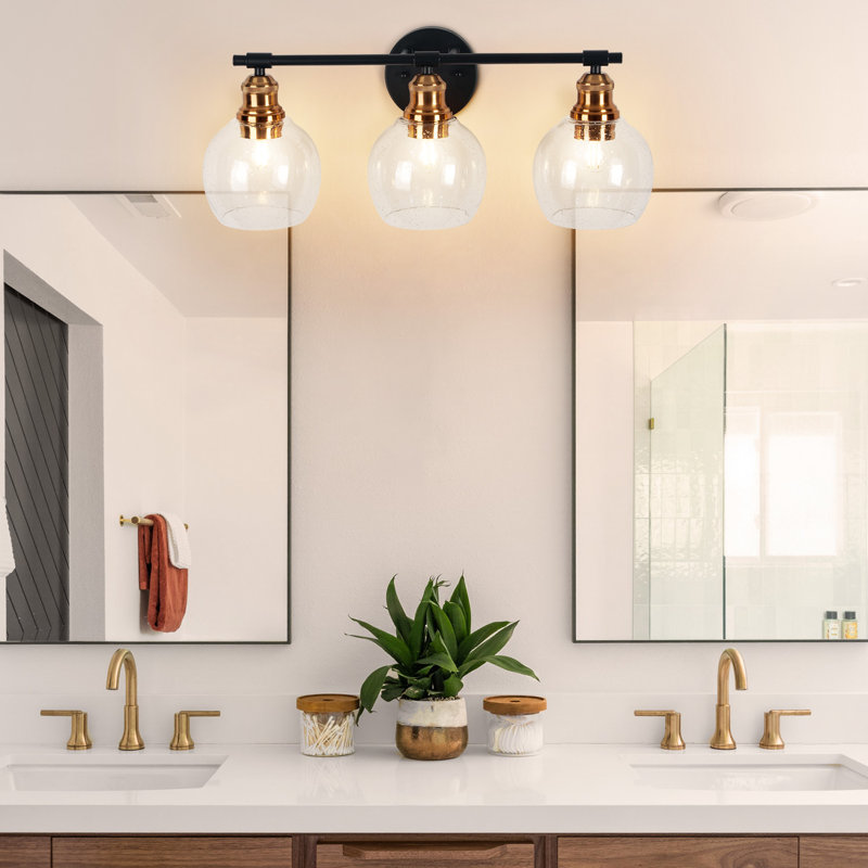 Modern 21.9 In. 3-light Black And Copper Wall Sconce With Glass Shade Wall Light Fixtures For Mirror, No Bulbs Included