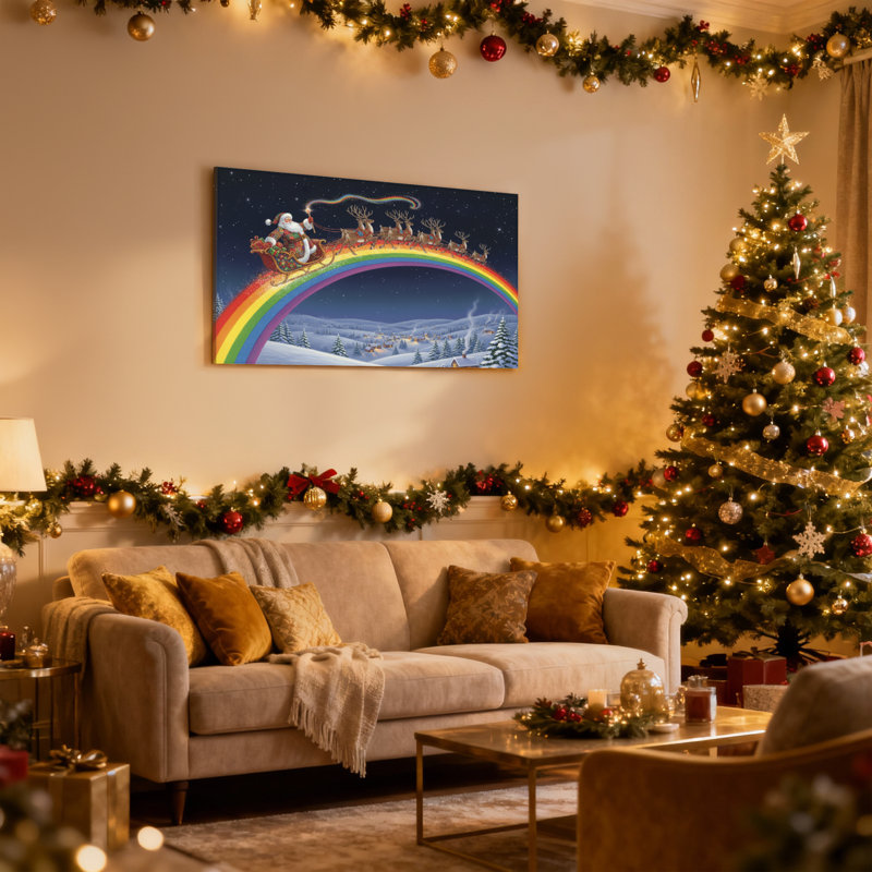 «Christmas Santa Flying Over Rainbow», ensemble de 3 reproductions d'art sur toile, H 12 po x l 18 po