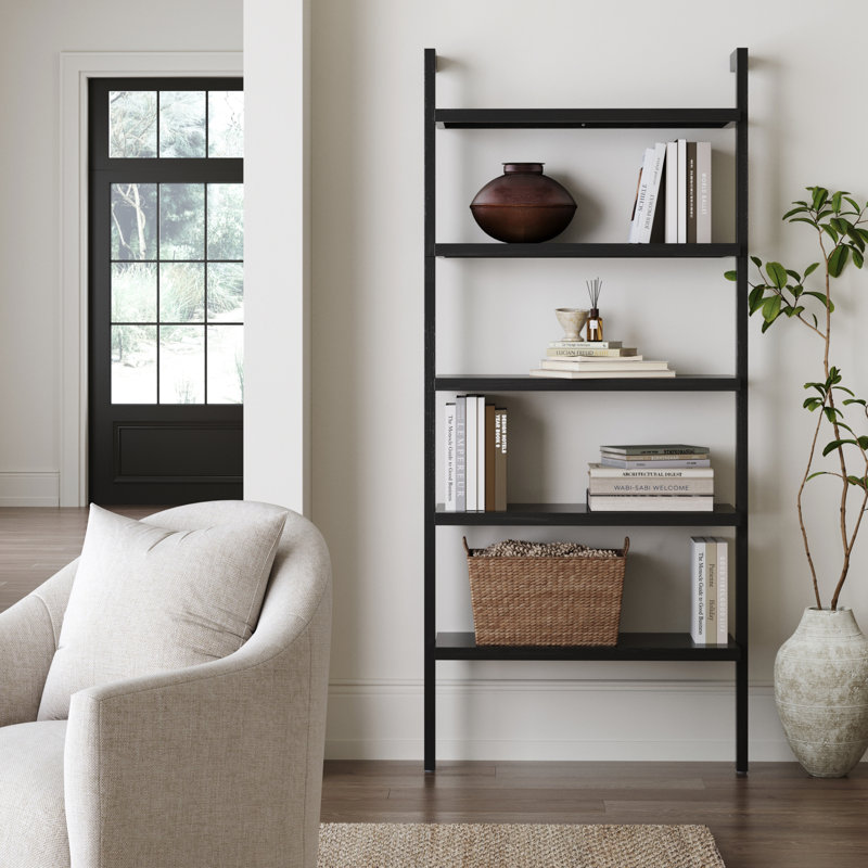 5-Tier Wall Mounted Solid Wood Bookshelf, Black Oak