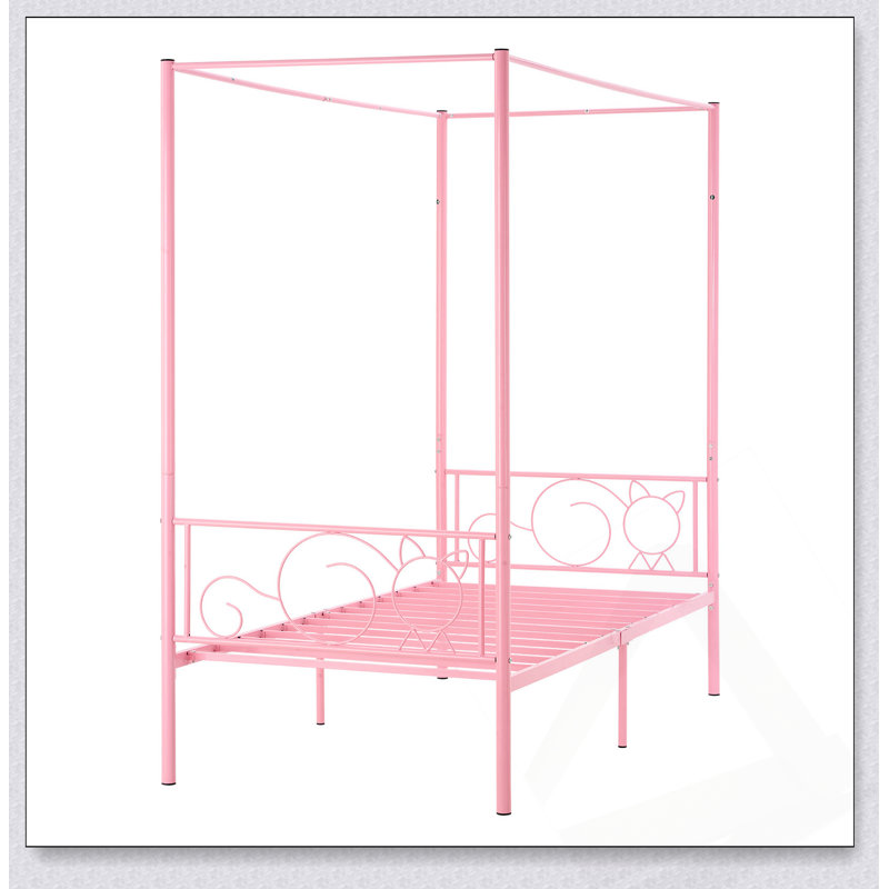 Structure de lit à baldaquin en métal robuste avec tête de lit, quatre affiches et rangement pratique sous le lit