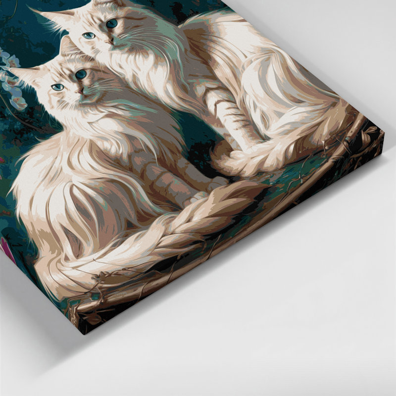 Chats, art balinais sur toile bleu, H 32 po x l 32 po