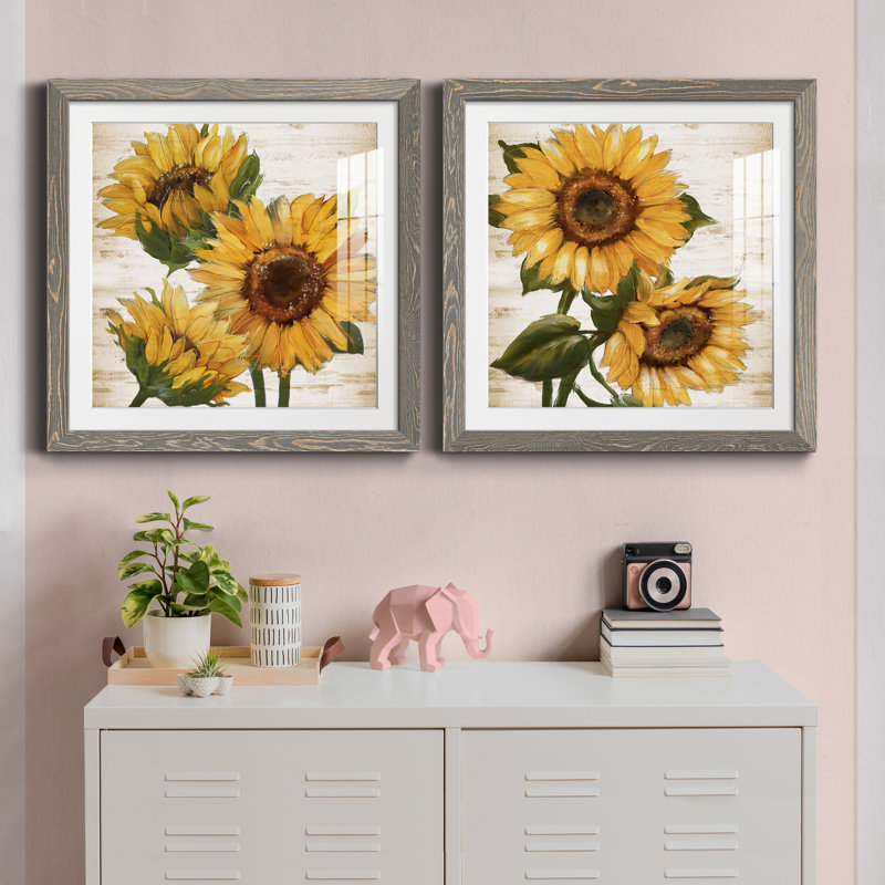 Tournesol d'été I - ensemble de 2 peintures, H 24 po x l 48 po, Papier dans un cadre photo, Gris