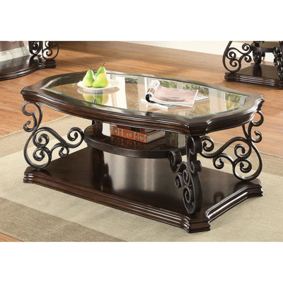 2-Shelf Rectangular Glass Top Coffee Table, Red Finish, Softly Padded With Material, Ample Space For Display, Pedestal Base, Perfect Main Living Space, 20.5H X 52.04W 32.5D Inches Fabric, Displaying