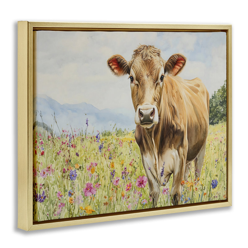 «Swiss Cow in Meadow Floater», art mural par Franklyn Gregory, H 25 po x l 31 po, Cadre flottant métallique doré