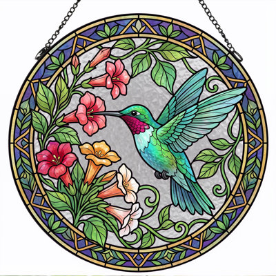 Panneau de vitrail en forme de colibri fleurs vitrail - H 7,8 H