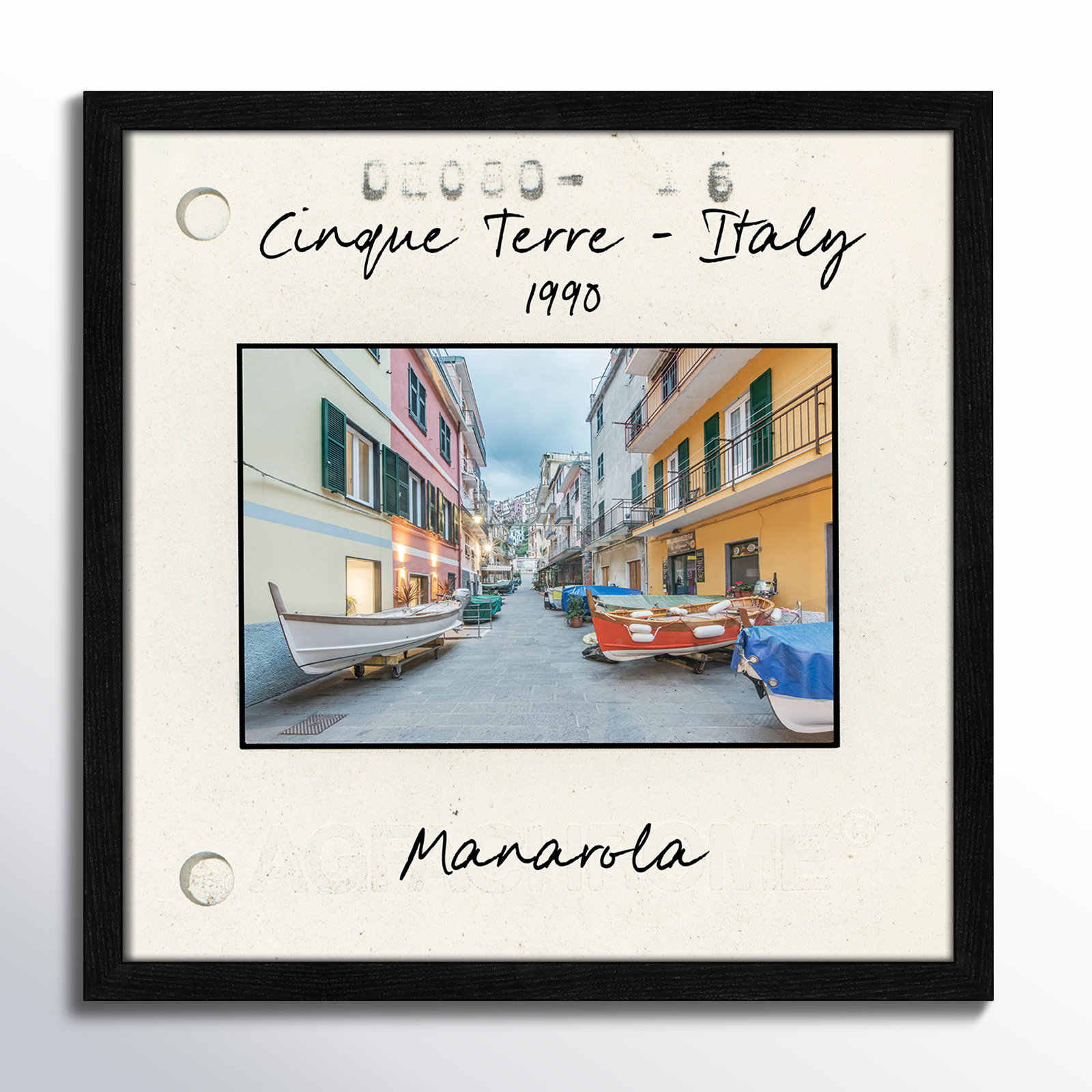 Travel Slide Collection "Cinque Terre - Manarola" Print, Black Single Picture Framed Paper, 17" H x 17" W x 0.75" D