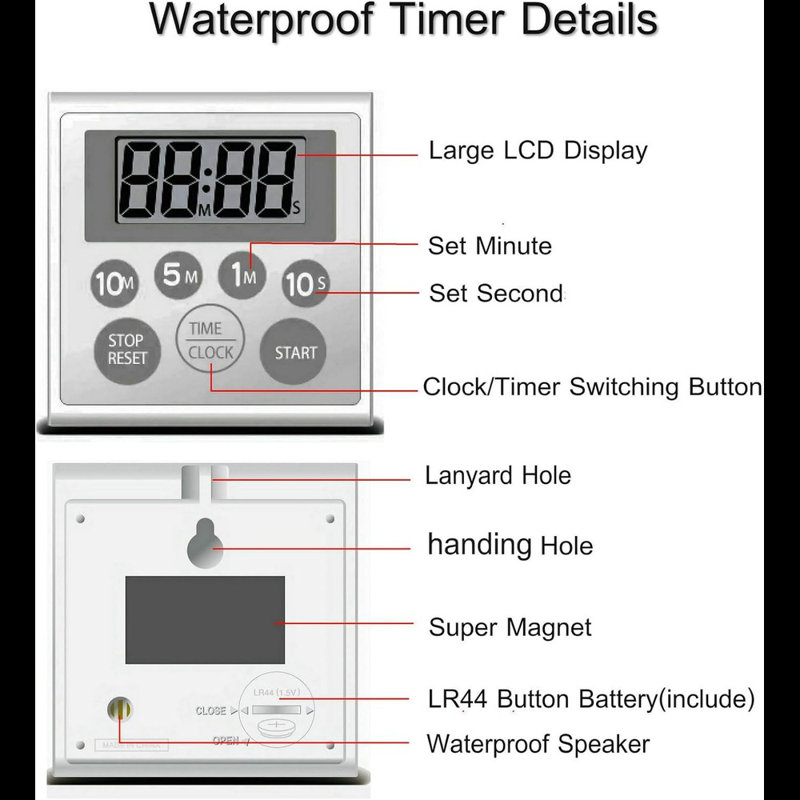 Digital Timer Waterproof Shower Timer Shower Clock Bathroom Kitchen Timer With Strong Magnet And Large LCD Display (Waterproof 7 Key)