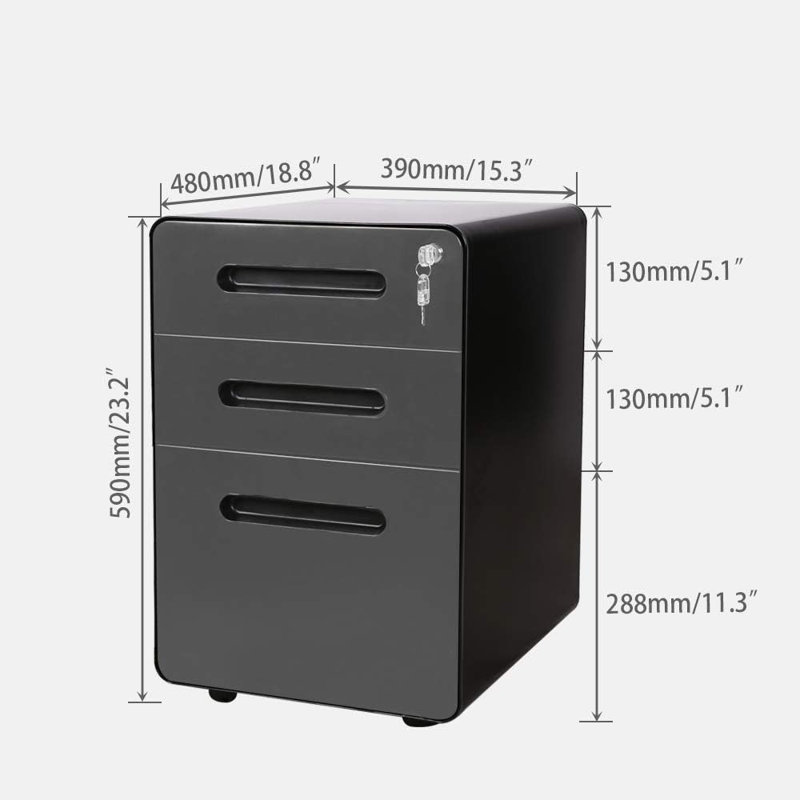 15.3'' Wide 3 -Drawer Mobile Steel File Cabinet, Black
