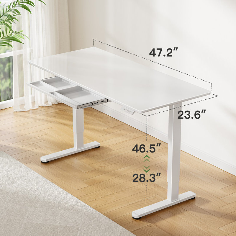 Glass Standing Desk with Writable Surface and Built-In Storage Drawers, Adjustable Height, 28.3" H x 55.1" W x 27.6" D, White