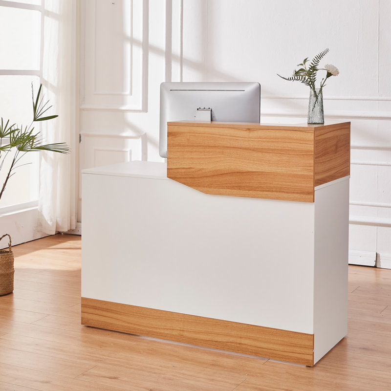Bureau de réception moderne à deux niveaux avec gestion des câbles - Comptoir de caisse en grain de bois blanc 46,4 po